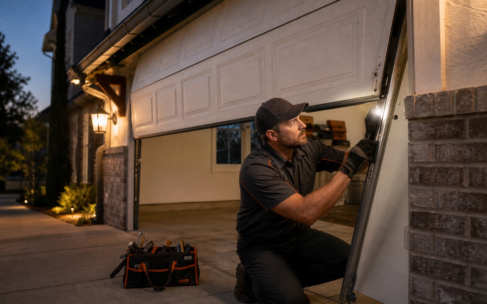 Technician inspecting a stuck garage door during an evening service call