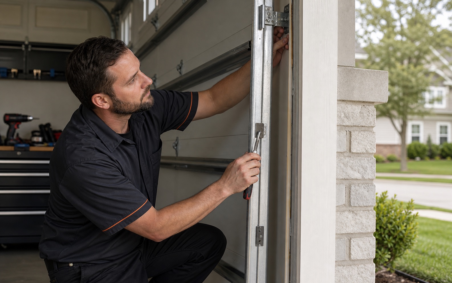 Technician repairing a residential garage door track