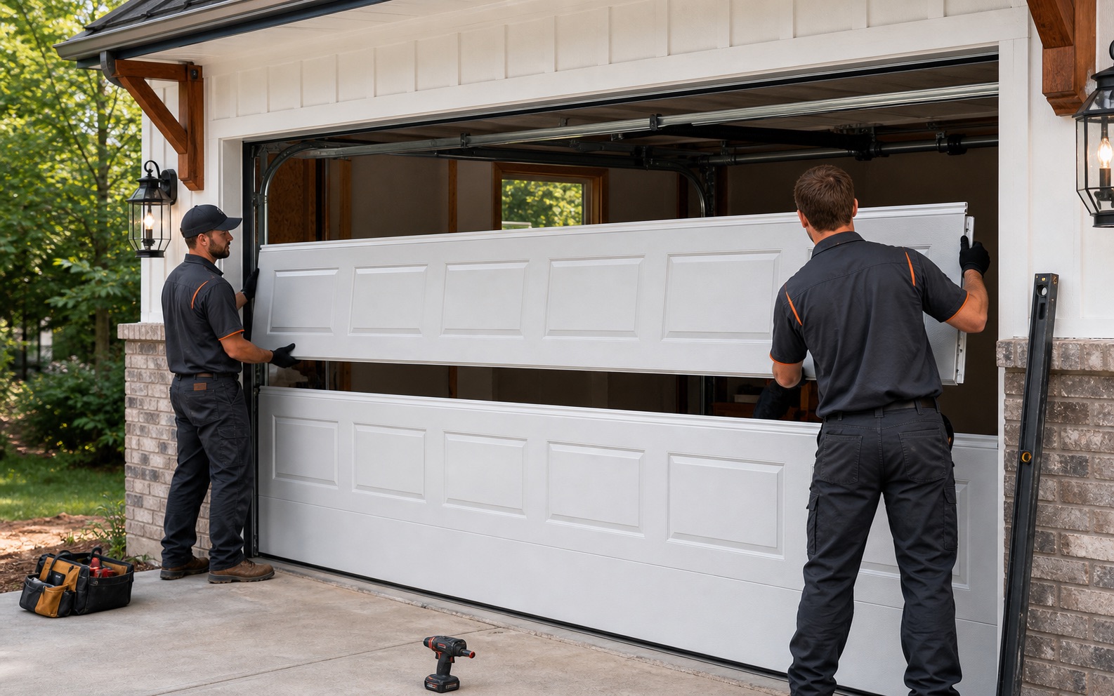 Technicians installing a new residential garage door panel