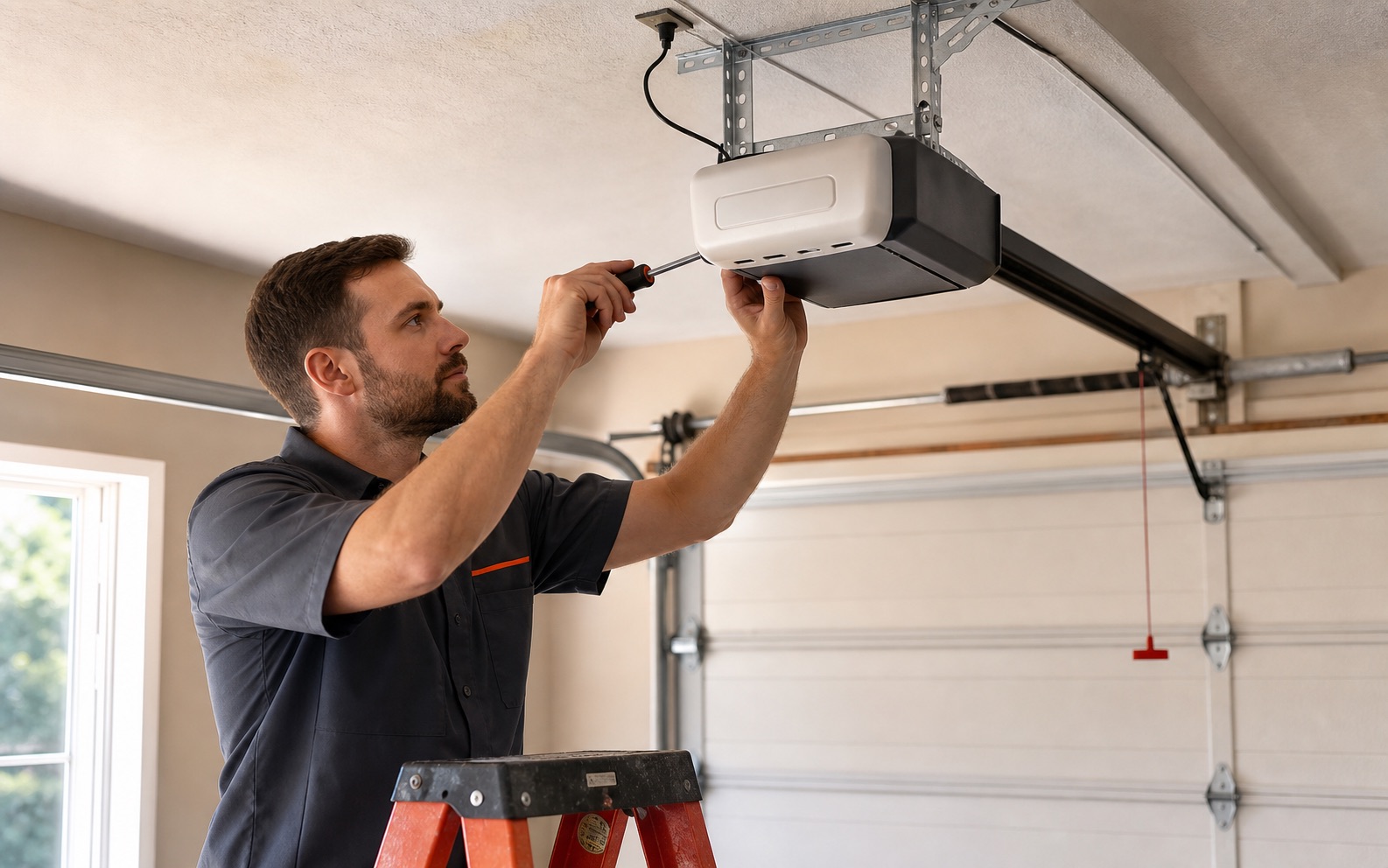 Technician servicing a garage door opener motor